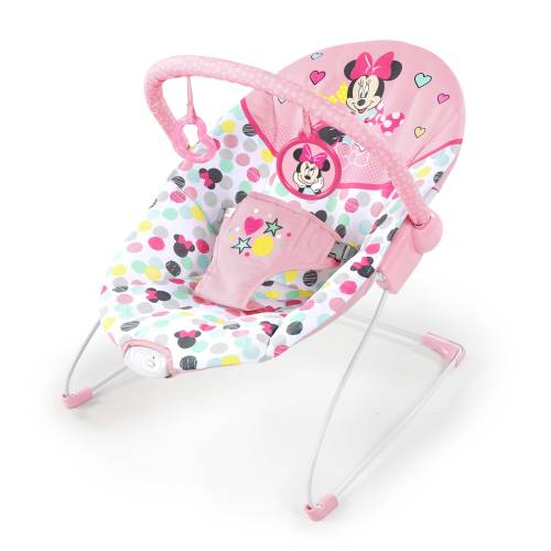 Bright Starts Disney Baby Comfy Bouncy Seat, Minnie Mouse Spotty Dotty Vibrating Bouncer for Newborns