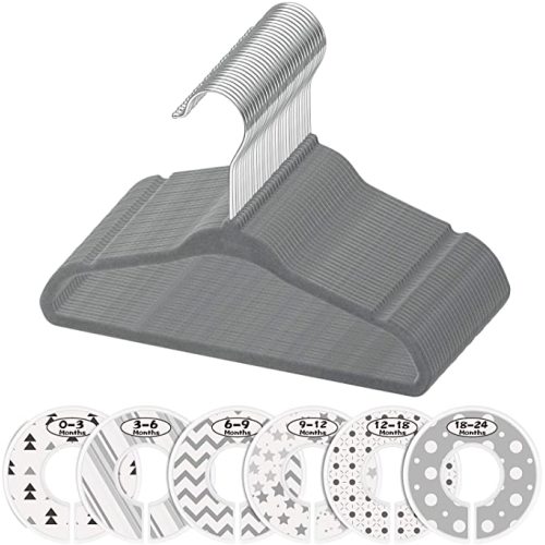 Minnebaby Velvet Baby Hangers 30 Pack, Ultra Thin No Slip Nursery Clothes Hangers with 6 Pcs Cute Clothing Dividers for Baby Boys & Girls Closet Organizer, Dark Grey Kids Hangers
