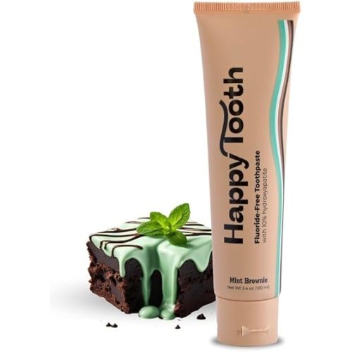 Happy Tooth Natural Hydroxyapatite Toothpaste, Fluoride Free, SLS Free, Whitening for Sensitive Teeth, Natural Ingredients, Dentist Formulated & Recommended, Adults & Kids, Mint Brownie 3.4 Fl Oz