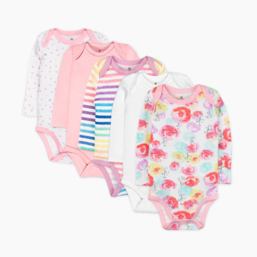 Honest Baby Clothing 5-Pack Organic Cotton Long Sleeve Bodysuit - Rose Blossom, 0-3 M, 5