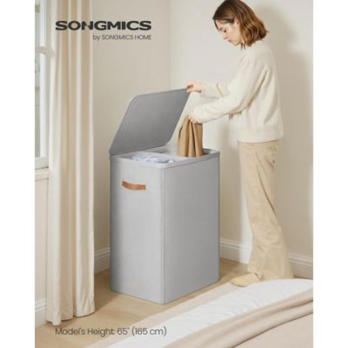 44.9 Gal Large Laundry Hamper with Lid, 2 Compartment Dirty Clothes Basket, Removable Inner Bags & Handles, 22x15.7x29.5 Inches, Cappuccino Beige