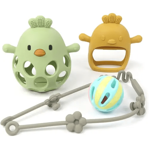 Baby Sensory 4-Piece Toy Set: Hollow Hand-Gripping Chicken Teether, Teething Mitten, Rattle Ball, and Anti-Drop Toy Strap (Green/Mango)