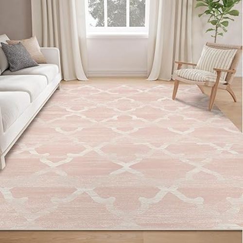 5x7 Area Rugs for Living Room Machine Washable Non-Slip Light Pink Rugs Moroccan Modern Trellis Carpet for Dining Room Bedroom Kitchen Indoor Entryway Laundry Room
