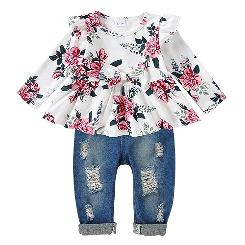 CARETOO Girls Clothes Outfits, Cute Baby Girl Floral Short Sleeve Pant Set Flower Ruffle Top