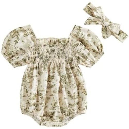 Infant Baby Girls Romper Floral Ruffle Sleeve Pleated Smocked Bubble One Piece Ruched Jumpsuit Summer Bodysuit