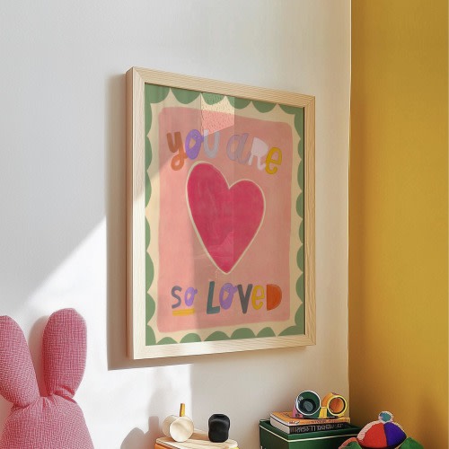 Watercolour You Are So Loved nursery wall art, hand drawn cute pink kids decor, playroom print, cottagecore, gift for new room, colourful