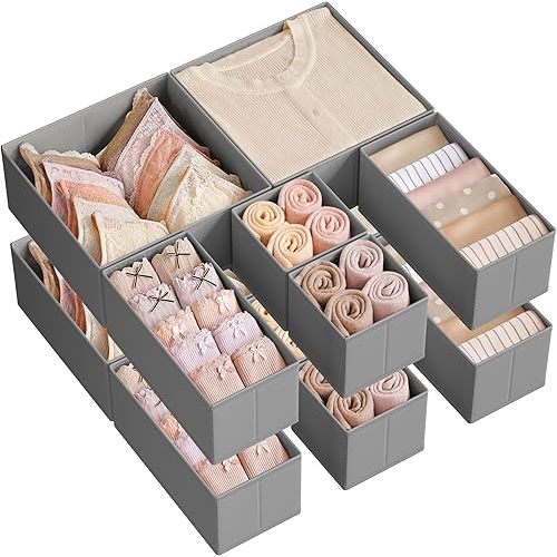 Drawer Organizer, Dresser Drawer Organizers, Set of 12, Foldable Fabric Storage Bins for Socks, Underwear, Bras, Ties, Scarves, Dove Gray URDZ006G02