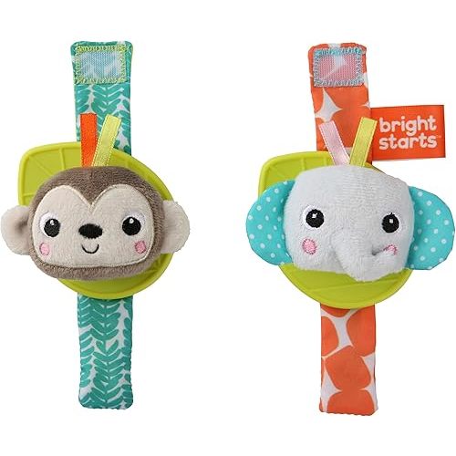 Bright Starts Rattle & Teethe Wrist Pals Toy - Monkey & Elephant, Newborn +