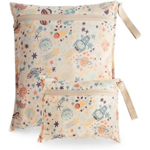 mushie Water Resistant Wet Bags | Large & Small Reusable Storage Bag for Baby Items and Travel | Zippered Pockets with Handle | Machine Washable, Set of 2 (Space)