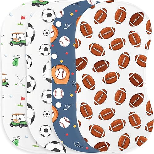 4pcs Sports Ball Burp Cloths for Baby Boys Girls 100% Cotton Football Baseball Soccer Golf Cart Themed Burp Rags, SMuslin Burping Cloths Absorbent Spit-Up Cloths for Infant Newborns