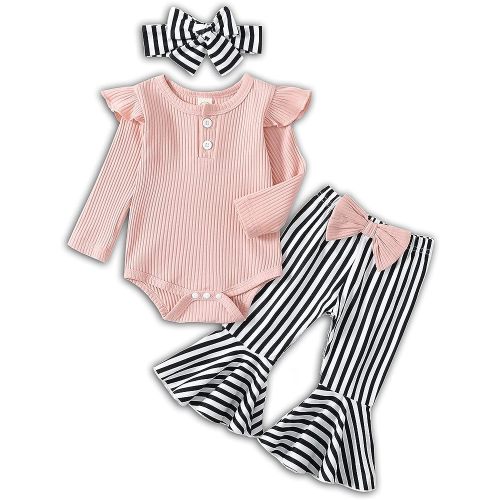 Newborn Baby Girl Clothes Ribbed Ruffled Romper+Striped/Cow/Leopard Flared Pants Infant Outifts 0-18 Months