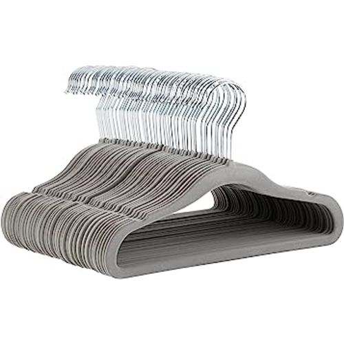 Amazon Basics Kids Velvet, Non-Slip Clothes Hangers for Infant and Toddler, 11.6 Inches (for baby clothes), Pack of 50, Gray
