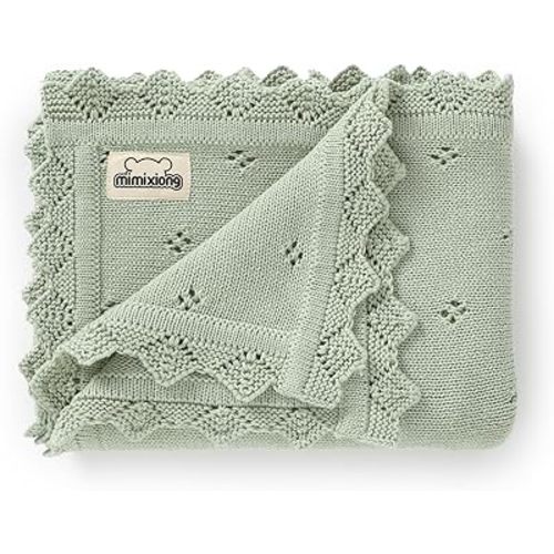 mimixiong Cotton Baby Blanket Knitted Crochet Receiving Crib Nursery Swaddling Blankets for Newborn Baby Boy Girl Sage Green 30x40 Inch
