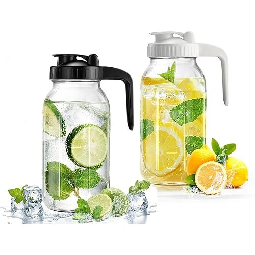64oz Glass Pitcher with Lid & V-shaped Pour Spout - 2 Quart Breastmilk Pitcher Double Leak Proof, Creamer Container for Sun Tea, Juice, Cold Brew Coffee, Breastmilk Storage Containe