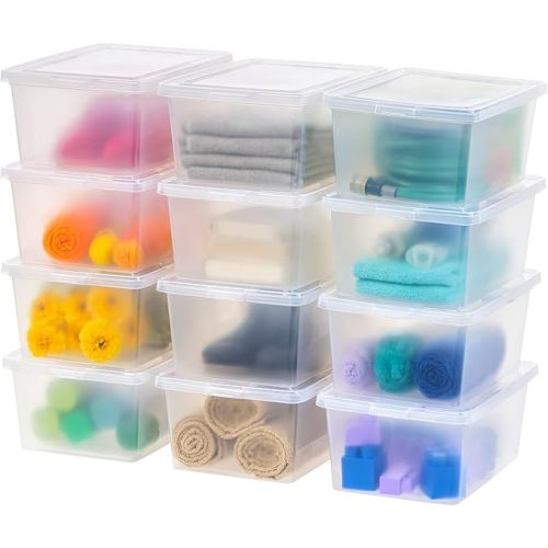 IRIS USA 12-Pack Storage Bins with Lids, 17 Quart, Shoe Boxes Clear Stackable Containers Organize Shoes Closet Shelves, Classroom Organization Teacher Tools, Game Storage - BPA-Free Plastic