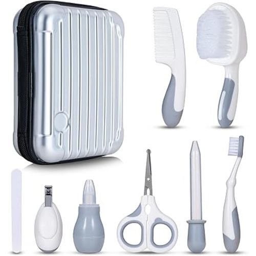 Little Angel Baby Healthcare and Grooming Kit, Safety Newborn Nursery Care Set, with Hair Brush Comb, Nail Clipper, Nasal Aspirator for Newborn Infant Baby Girls Boys (Gray)