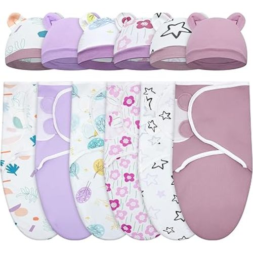 Ramede 6 Pack Swaddle Blanket with Hats for Baby Girl Boy 100% Cotton Swaddles 0-3 Months, Adjustable Breathable Skin Friendly Receiving Blanket Wrap, Essential for Newborns