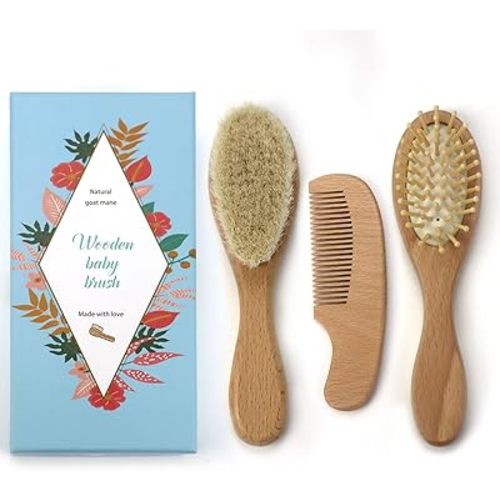 Baby Hair Brush and Comb Set for Newborn Tokcom Natural Wooden Hairbrush with Soft Goat Bristles for Cradle Cap, Perfect Scalp Grooming Product for Infant, Toddler, Kids(3 Piece)