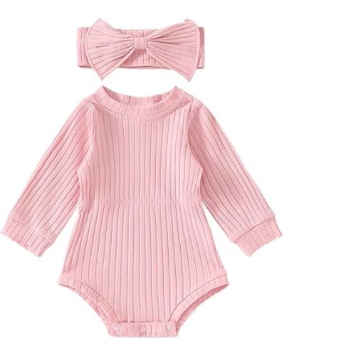 Newborn Baby Girl Clothes Long Sleeve Knit One Piece Romper Bodysuits with Headband Fall Winter Outfits