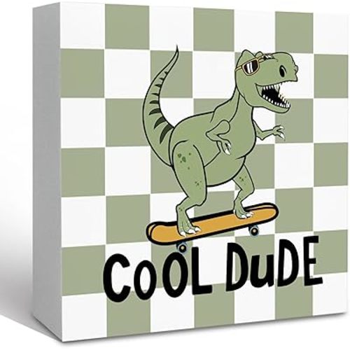 KFXHANGD Dinosaur Decor Wooden Box Sign Desk Decor, Dinosaur Nursery Decorative, Cool Dude Signs Decorative for Playroom Toddler Boys Room, Sage Green Checkered Room Home Shelf Desk Decoration 5x5 Inch