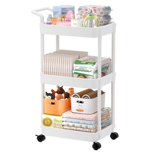 Volnamal Diaper Caddy, 3 Tier Rolling Cart for Baby Essentials, Off-White | Movable & Easy Assemble Cart for Newborn Nursery Essentials, Diaper Storage Organizer for Changing Table&Crib, Baby Registry