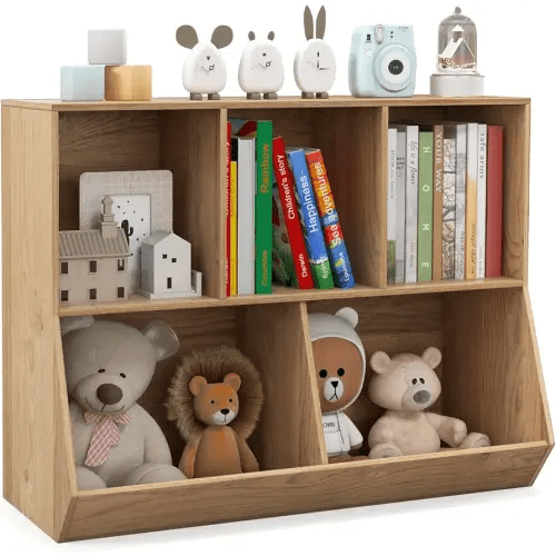 5-Cubby Toy Storage Organizer, Kids Bookshelf with Cube Shelves, Wooden Children’s Bookcases, Baby Organizers and Storage, Book Shelf for Kids Rooms, Playroom, Nursery (Natural)