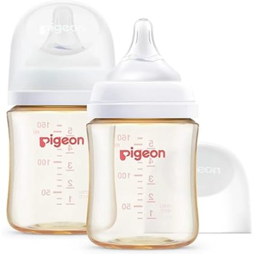 Pigeon PPSU Nursing Baby Bottle Wide Neck, Anti-Colic, Streamlined Body, Natural Feel, Easy to Clean, 5.4 Oz(Pack of 2), Includes 2pcs SS Nipples (0m+)