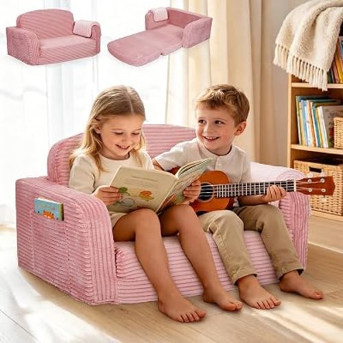 Extra Wide 2-in-1 Convertible Kids Couch | Large Corduroy Toddler Sofa Chair with Storage Pocket & Blanket | Foldable Foam Play Couch| Machine Washable Cover, Non-Toxic, for Boys & Girls, Pink