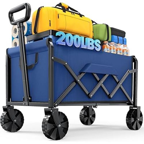 Kitsure Collapsible Wagon with Wheels, Foldable Dog Wagon Carts with 200lbs Load Capacity, Utility Shopping Cart, Blue, 28.0" x 17.0" x 36.0"