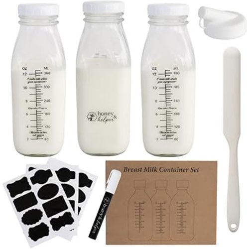 Breast Milk Pitcher | Set of 3 Glass Breastmilk Storage Bottles, Pour Spout & Silicone Spatula | Breast Milk Container w/ Chalkboard Labels & Pen | Ideal Breastmilk Storage Pitcher for Baby Shower