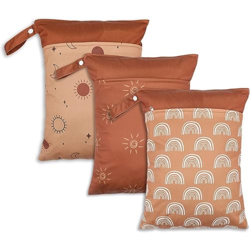 3 Pack Wet Dry Bags for Baby Diapers&Breast Pump Parts, Waterproof Reusable Wet Bag with Two Zippered Pockets & Handle, Beach Pool Gym Bag Stroller Yoga Toiletries Daycare Organizer, 11.8" x 15.7" - Brown