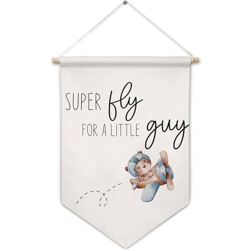 ArtisaEura Airplane Nursery Wall Canvas Banners, Bear Nursery Decor, Super Fly for a Little Guy Hanging Display Pennant Banner Flags, Bear Airplane Wall Decor for Kids Room Bedroom Playroom