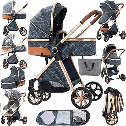 2 in 1 Baby Stroller Reversible Portable Standard Stroller Convertible Pushchair Infant Buggy Baby Carriage Foldable High Landscape Pram for Toddler Newborn (225 Blue)