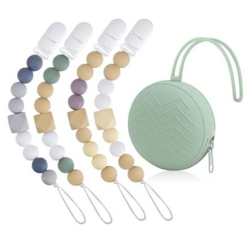 STONCEL 5 Pcs Pacifier Clip Set, 4pcs Neutral Pacifier Clips, Silicone Pacifier Clip Holder for Baby Boys Girls with 1pc Portable Silicone Pacifier Case (Green)