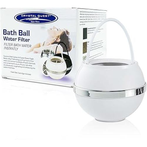 Crystal Quest Bath Ball Water Filter for Bathtub - 3-Stage Filtration, Removes Chlorine, Chloramine & Byproducts, 2,500 Gallons, BPA Free, pH Balanced Water, Fits Most Tubs, Easy Install - White
