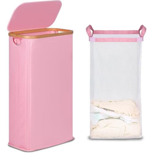 Slim Laundry Basket with Lid, Narrow Laundry Hamper with Removable Bag, Skinny Dirty Clothes Basket with Bamboo Handles for Bathroom, Bedroom & Laundry Room, 63L Pink
