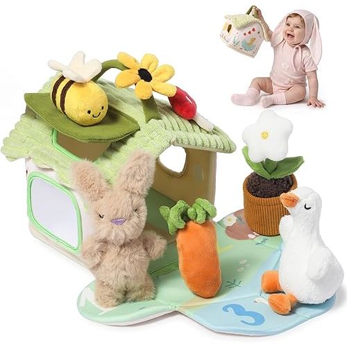 let's make Baby Sensory Toy 6-12 Months, 2-in-1 Cottage Playset with Stuffed Bunny Goose Bee, Crinkle Squeak Rattle Soft Barn, Montessori Toys Travel for Infants Toddlers, Baby Gifts for Boys Girls