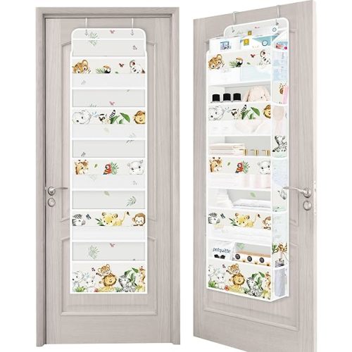 Clastyle Grey Animal Kids Over the Door Organizer with 5 Large Pockets Elephant Nursery Hanging Storage Organizer Clothes Diaper Toy Lion Closet Door Hanging Shelf Storage for Bedroom Bathroom Pantry