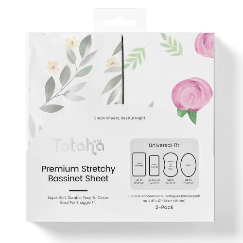 TotAha Premium Stretchy Bassinet Cradle Sheets (2-Pack) -Hypoallergenic, Silky Comfort, Buttery Soft, Calming Effect, All-Season Jersey-Knit Sheets,32 X 16 X 3''(Pink Buds & Green Leaves)