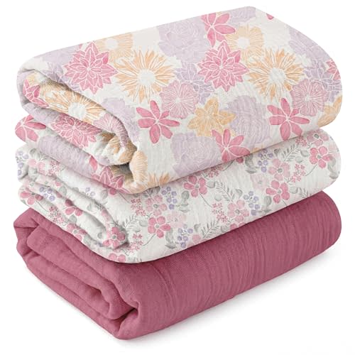 GLLQUEN BABY Muslin Swaddle Blankets for Newborn Girls, Large 40''x38'' | 3Pk, 100% cotton, ultra soft and breathable, gentle on sensitive newborn skin, Multi-use as swaddle wrap, receiving blankets