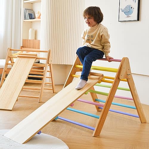 Avenlur Olive 3 in 1 Foldable Triangle Ladder and Slide - Montessori Climbing Set - Indoor Wood Climbing Gym for Children Ages 1 to 6 Years - Baby Climbing Triangle (Colorful, Large)