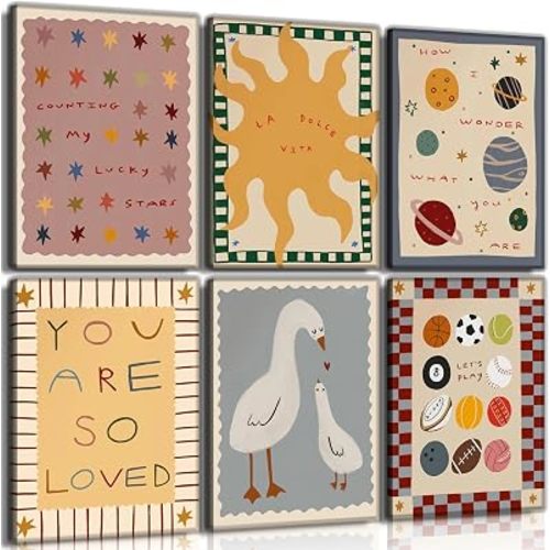 MJVCFWNS 6Pcs Cute Nursery Canvas Wall Art Boho Kids Room Inspirational Quotes Painting Picture Wall Decor Sun Star Ball Goose Poster Printing Artwork for Boys Girls Toddler Room Playroom Home Decor