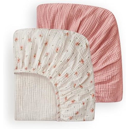 Blissful Diary Muslin Crib Sheets, 2 Pack, Pink Floral & Light Pink
