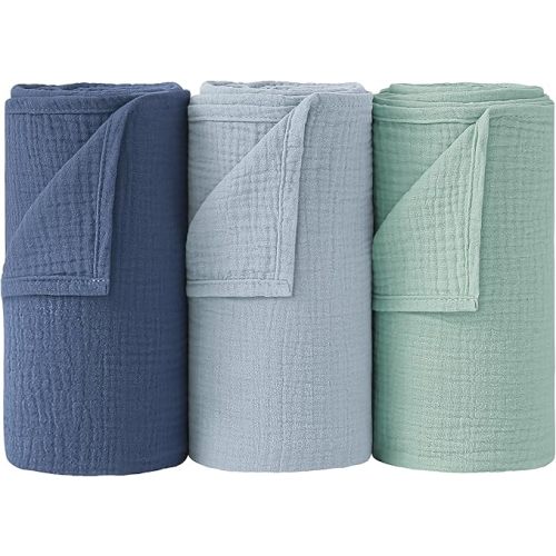 Bearmoss Muslin Swaddle Blankets 100% Cotton Large Baby Swaddle Blankets 47x47in, Super Soft Breathable Receiving Blankets for Unisex Baby Boys Girls (3Pack Indigo Tree) - 3pack Indigo Tree