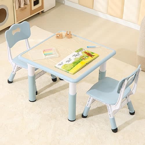 Kids Table and 2 Chairs Set, Height Adjustable Toddler Table and Chairs with Anti-Slip Foot Covers, Graffiti Desktop Arts & Crafts Table for Daycare, Classroom
