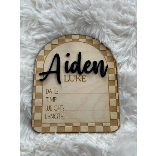 Baby birth announcement sign, Hospital photo prop for birth announcement, Personalized newborn birth stat sign, Checkered baby name sign