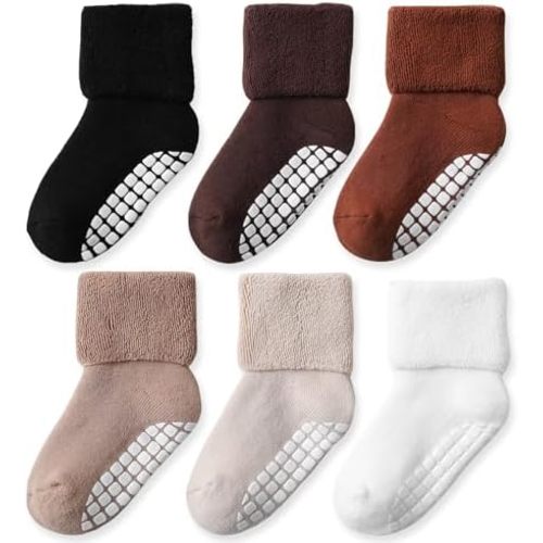 EPEIUS Toddler Thick Warm Cotton Crew Socks with Grips - Non-slip Turn Cuff Socks 6 Pack