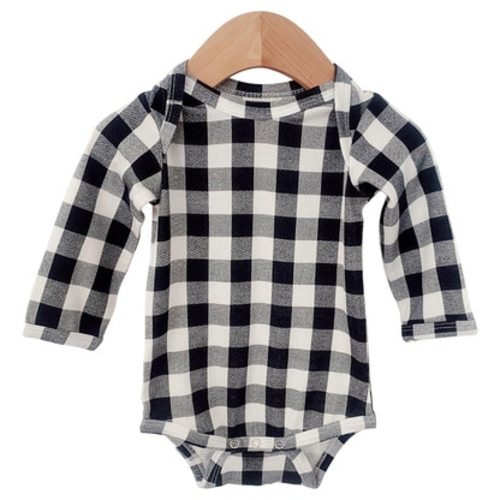 Long Sleeve Bodysuit, Black Plaid, Size: 3 - 6 mo.