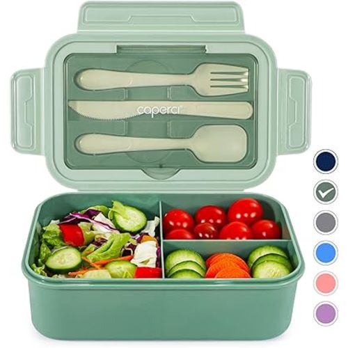 Caperci Classic Bento Box Adult Lunch Box for Older Kids - Leakpoof 47 oz 3-Compartment Lunch Containers for Adults and Teens, Built-in Utensil Set, Ideal for On-the-Go Balanced Eating,Khaki Green