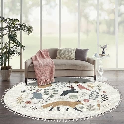 Round Rugs Hand Drawn Scandinavian Style Set Forest Animals Plants Clip Boho Area Rug Linen and Cotton Carpet Meditation Rug Washable Hallway Runner Mat Accent Rug for Bedroom Bathroom 6ft